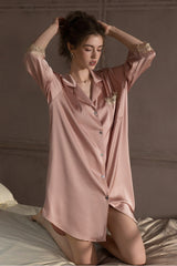 Pink Elegant Lace-Trimmed Silk Sleep Shirt
