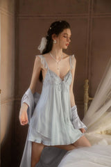 Blue Angelic Embroidery Silk Slip & Robe Set