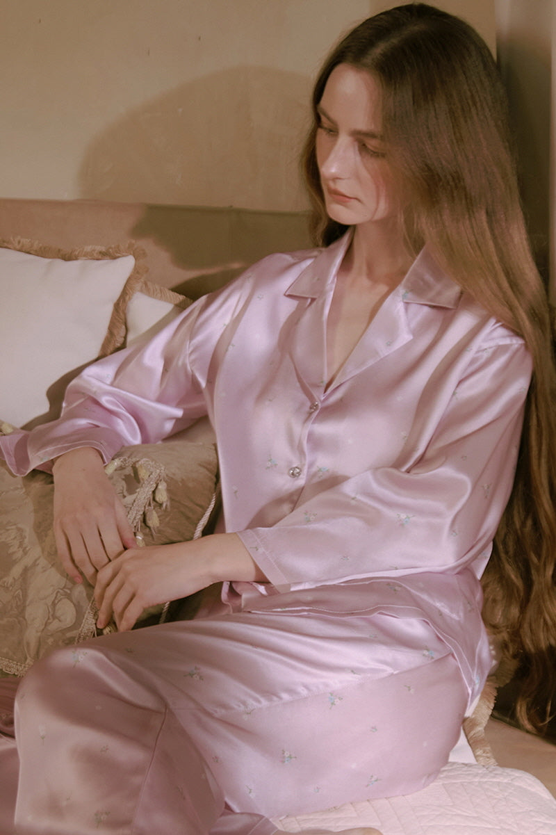 Jeweled Button Floral Silk Sleepwear