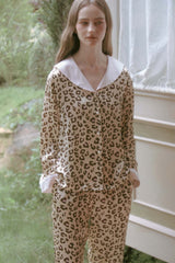 Leopard Print Sailor Collar Silk Pajama Set