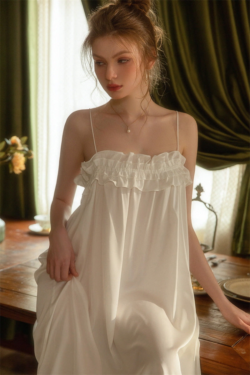 White Double Ruffle Silk Nightdress