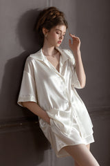 White Oversized Silk Button Down Lounge Pajama Set