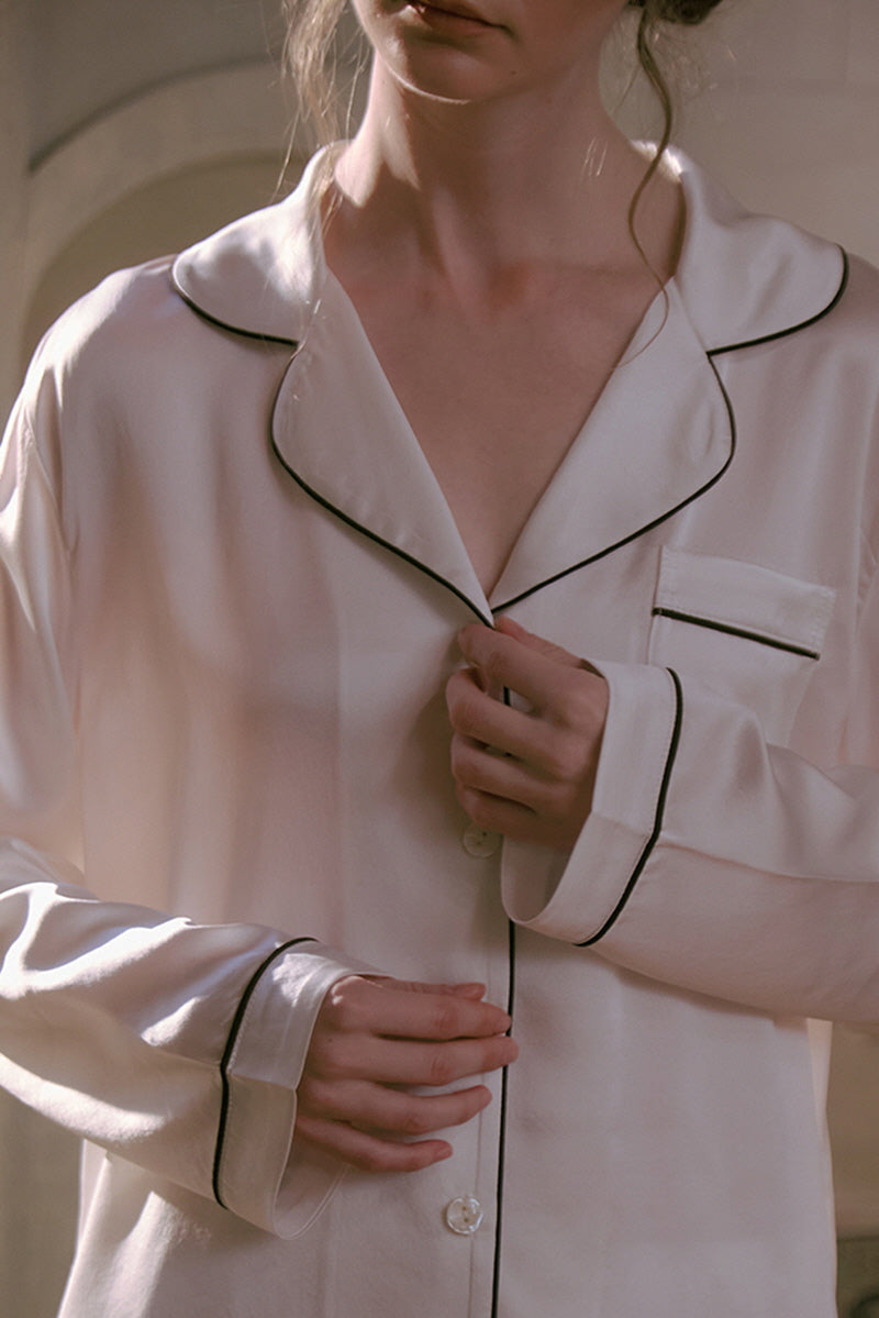 White Tailored Edge Silk Pajamas