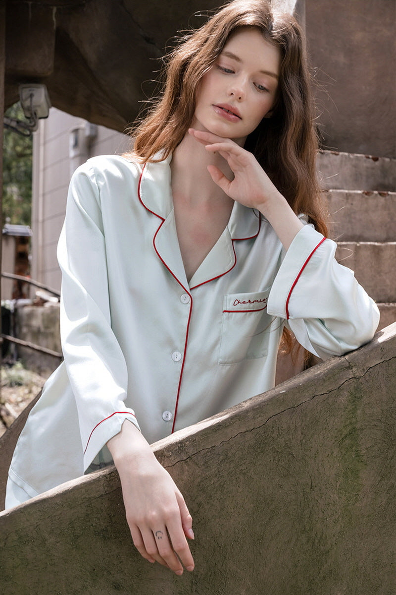 Long Sleeve Scarlet Edge Silk Pajama Set