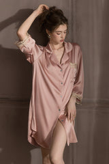 Pink Elegant Lace-Trimmed Silk Sleep Shirt
