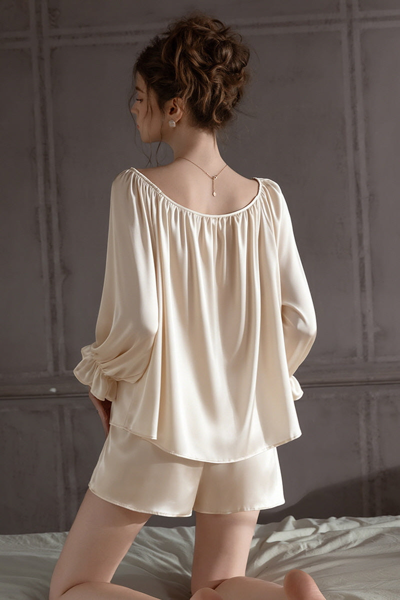 Ivory Off Shoulder Satin Silk Pajama Shorts Set