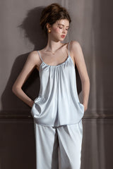 Blue Silk Shirred Camisole & Trousers Set