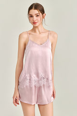 Pink Silk Lace Trim Cami Pajama Set
