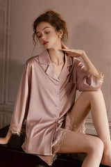 Pink Lace-Trimmed 3/4 Sleeve Silk Set