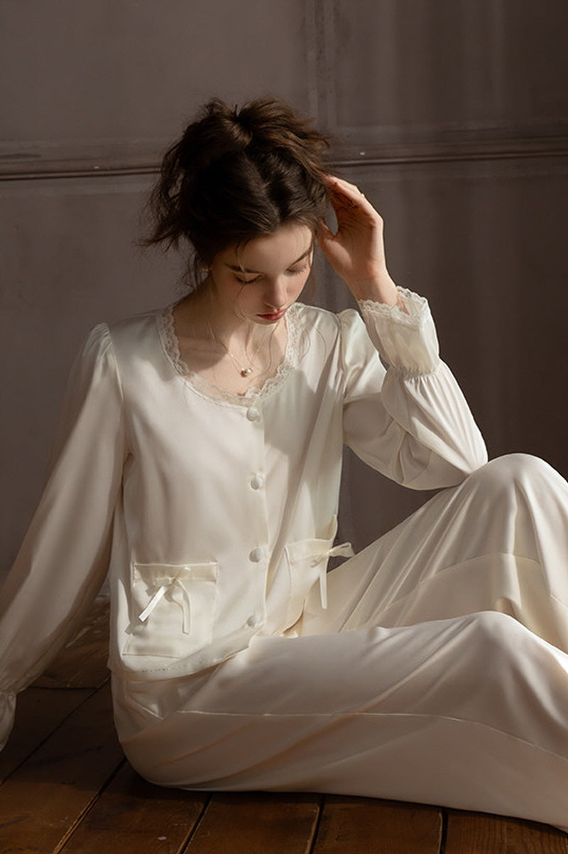 White Ribbon Petit Lace Pajama Set