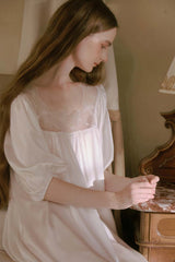 White Silk Puff Sleeve Lace Sleep Dress