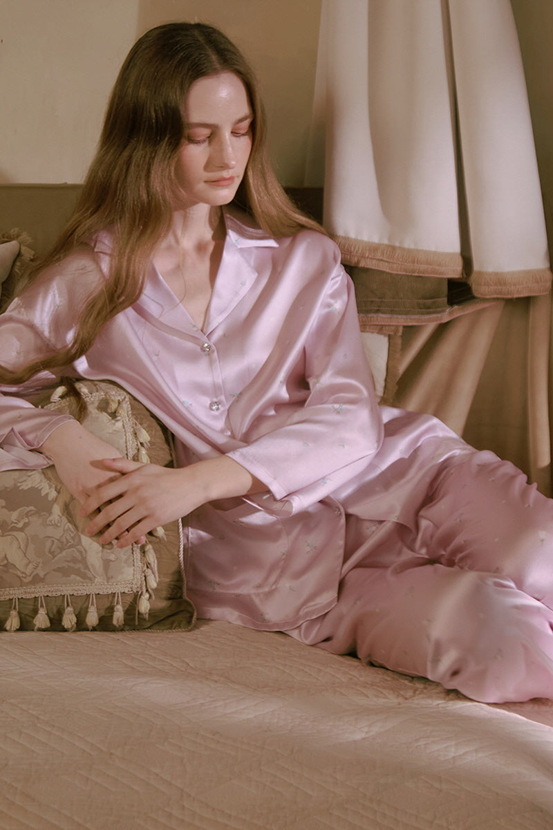 Jeweled Button Floral Silk Sleepwear