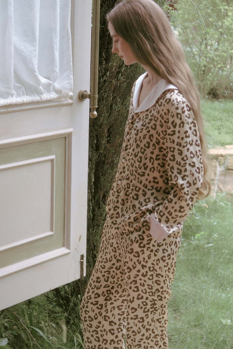Leopard Print Sailor Collar Silk Pajama Set
