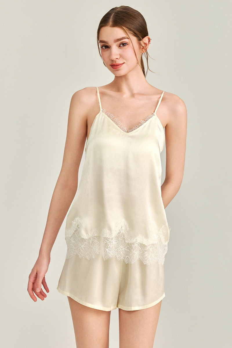 White Silk Lace Trim Cami Pajama Set