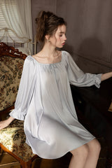 Blue Off-shoulder Silk Nightdress