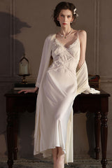 White Cross Lace Silk Slip & Robe Set