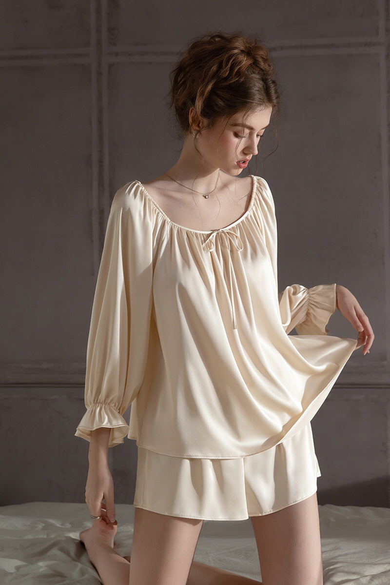 Ivory Off Shoulder Satin Silk Pajama Shorts Set