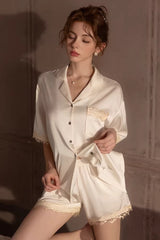 White Vintage Shell Lace Silk Set