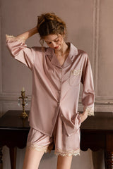 Pink Lace-Trimmed 3/4 Sleeve Silk Set