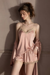 Pink Scalloped Lace Cami, Shorts & Robe 3-Piece Set