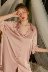 Pink Ribbon Cuff Silk Lace Sleep Shirt