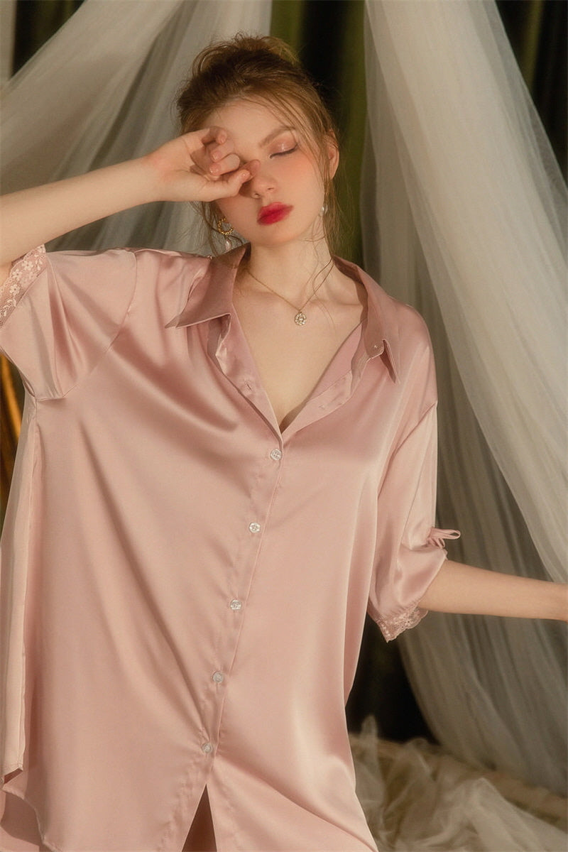 LUME Pink Ribbon Silk Sleep Shirt
