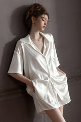 White Oversized Silk Button Down Lounge Pajama Set