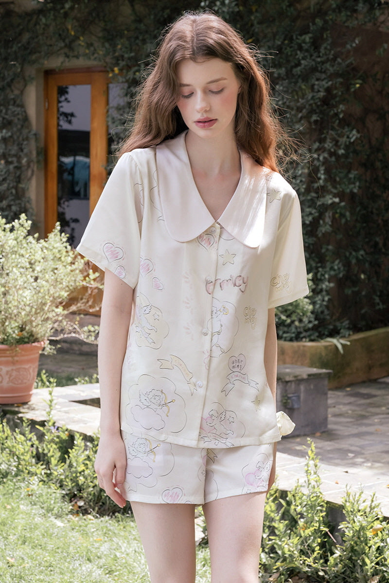 Silk Angel Print Short Pajama Set