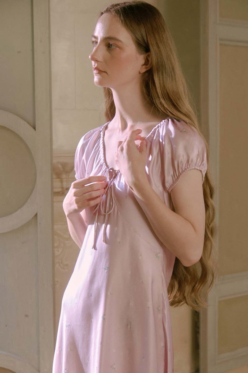Ribbon-Tie Silk Puff Sleeve Sleep Dress