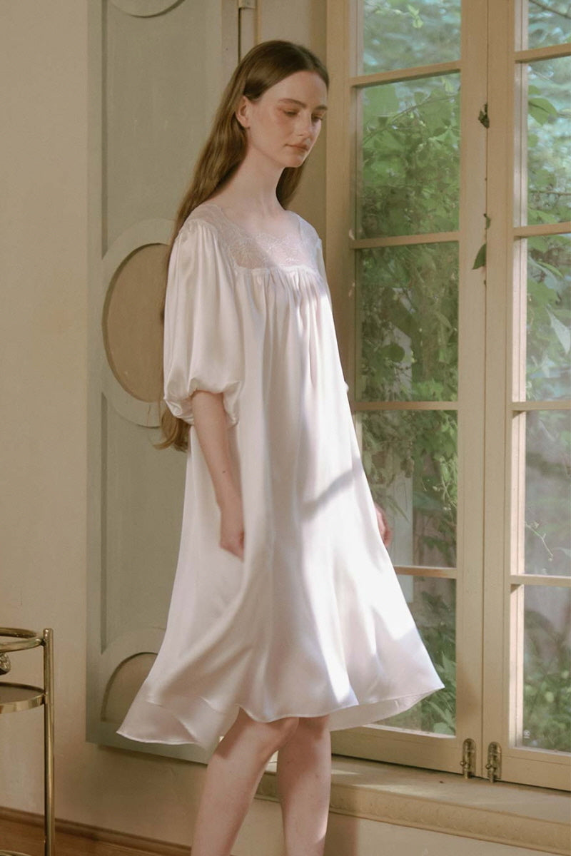 White Silk Puff Sleeve Lace Sleep Dress