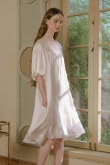 White Silk Puff Sleeve Lace Sleep Dress