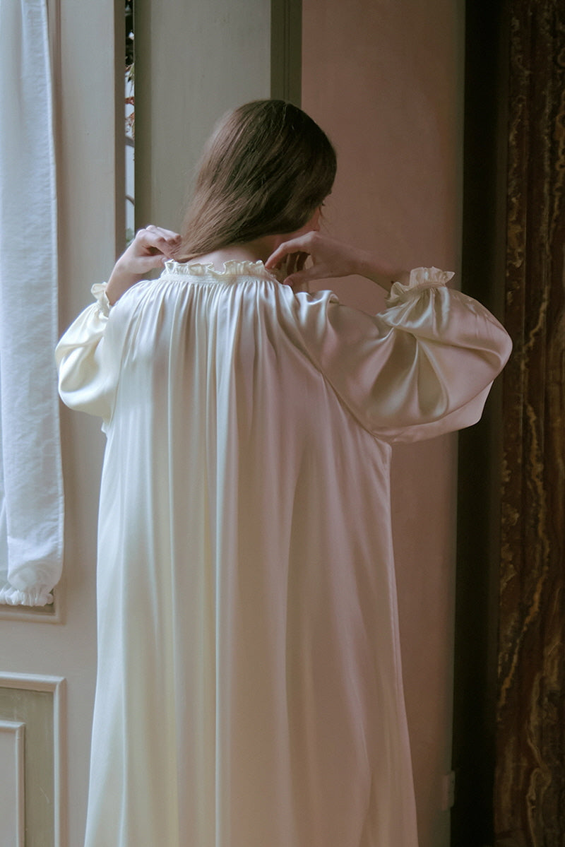 Yellow Shirred Neck Silk Maxi Sleep Dress