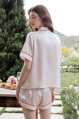 Pink Short Sleeve Scarlet Edge Silk Pajama Set