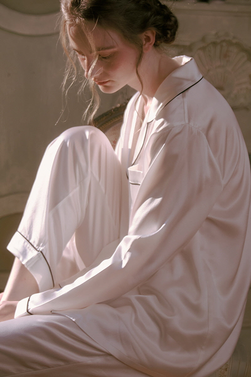 White Tailored Edge Silk Pajamas