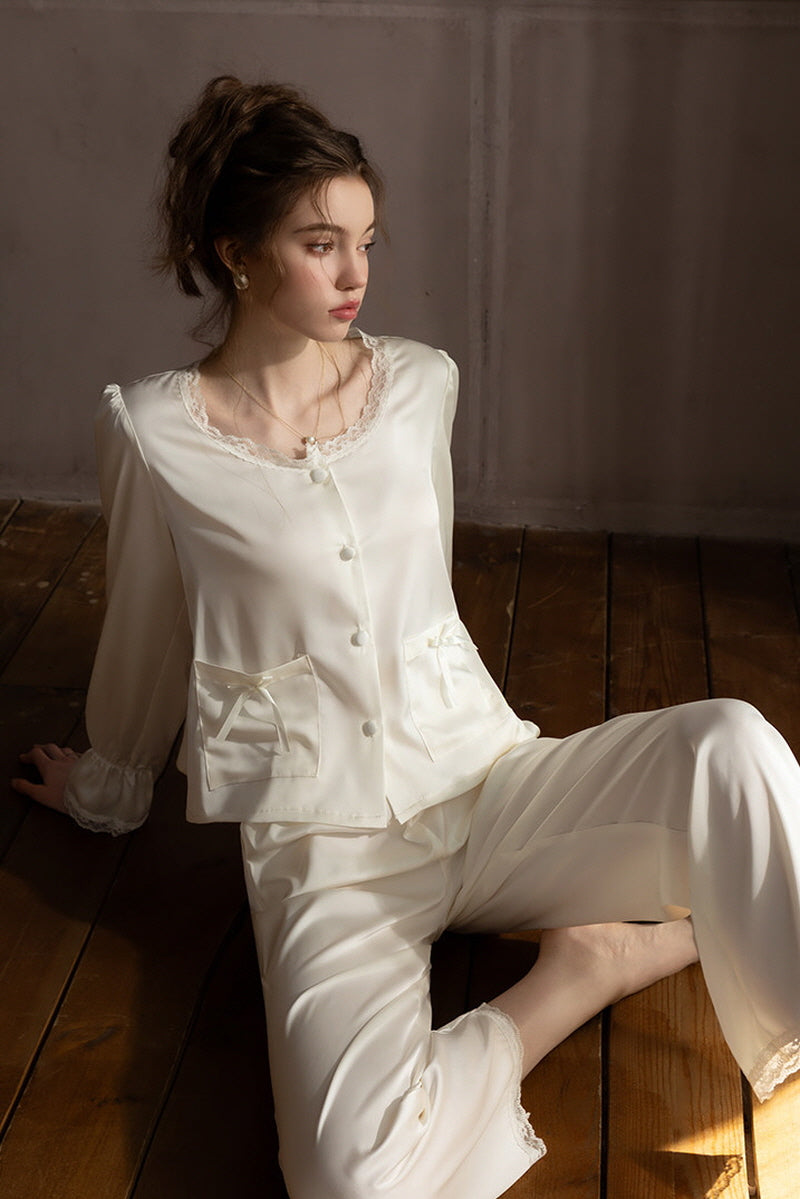 White Ribbon Petit Lace Pajama Set