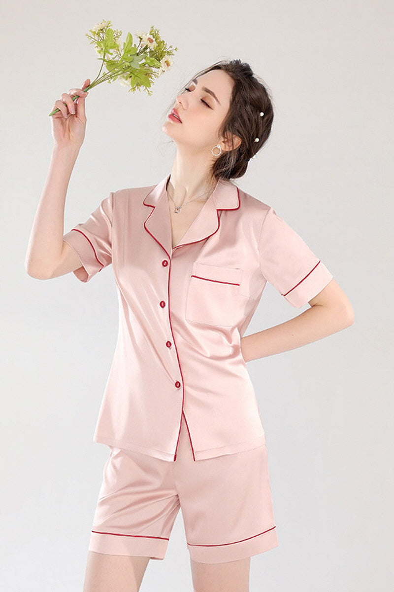 Short Sleeve Button Down Silk Pajama Shorts Set