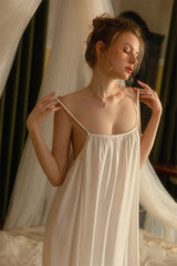 White Shirred Backless Silk Nightdress
