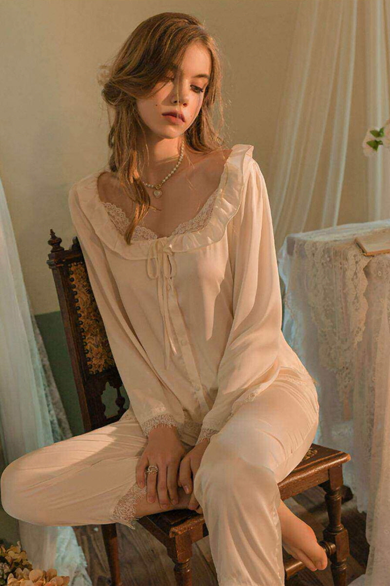 Soft Lace Ribbon Silk Pajama Set