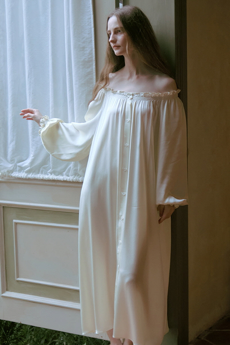 Yellow Shirred Neck Silk Maxi Sleep Dress