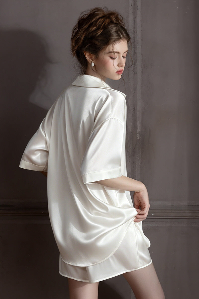 White Oversized Silk Button Down Lounge Pajama Set
