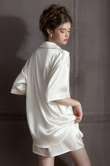 White Oversized Silk Button Down Lounge Pajama Set