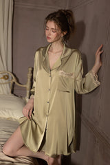Olive Elegant Lace-Trimmed Silk Sleep Shirt