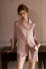 Pink Lace-Trimmed 3/4 Sleeve Silk Set