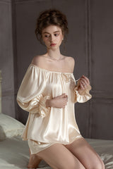 Ivory Off Shoulder Satin Silk Pajama Shorts Set