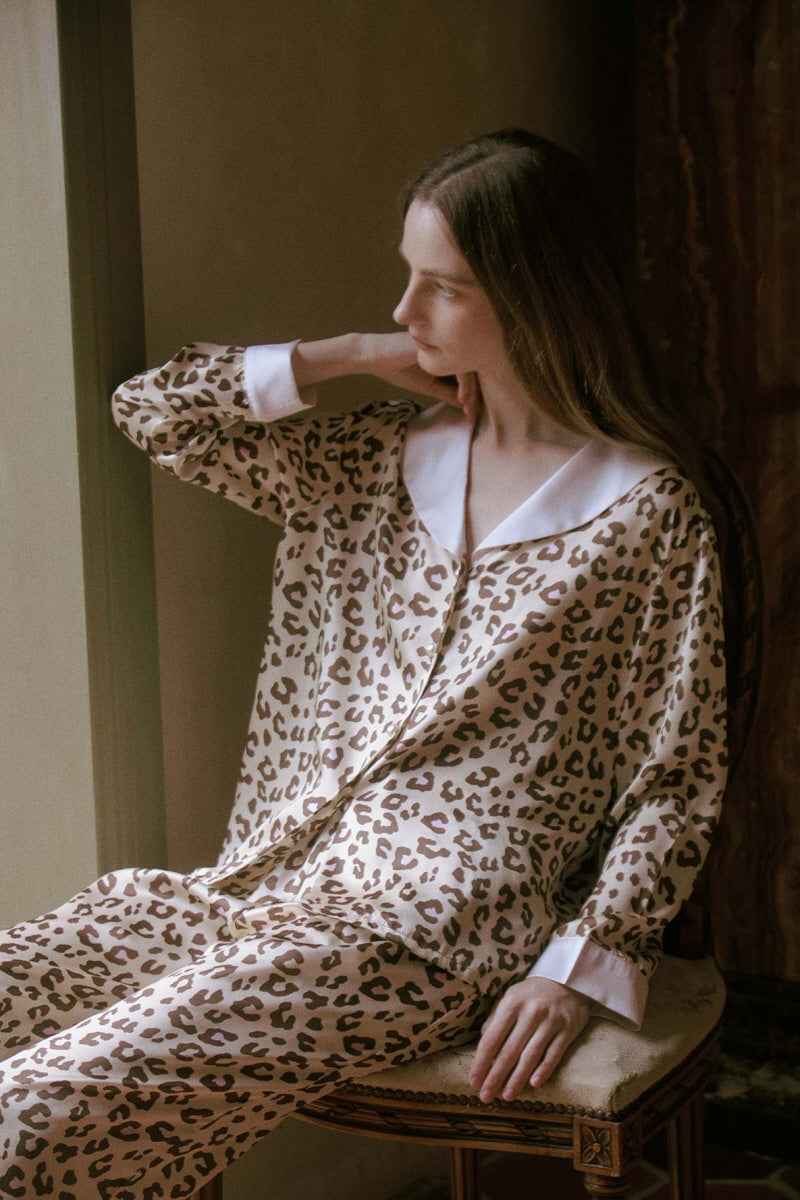 Leopard Print Sailor Collar Silk Pajama Set