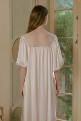 White Silk Puff Sleeve Lace Sleep Dress