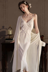 White Cross Lace Silk Slip & Robe Set