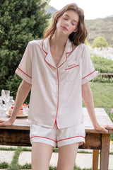 Pink Short Sleeve Scarlet Edge Silk Pajama Set