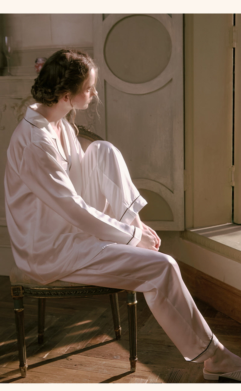 White Tailored Edge Silk Pajamas