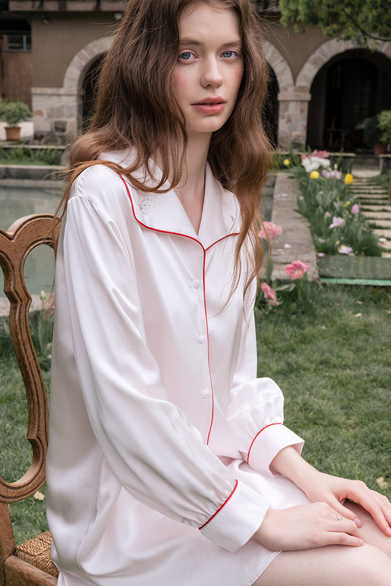 Red Piping Silk Shirt Nightdress